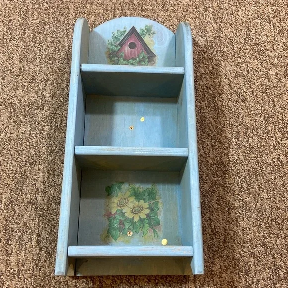 VTG, Blue Birdhouse & Flowers Wall Shelf Decor Handmade Wood And Hand-Painted